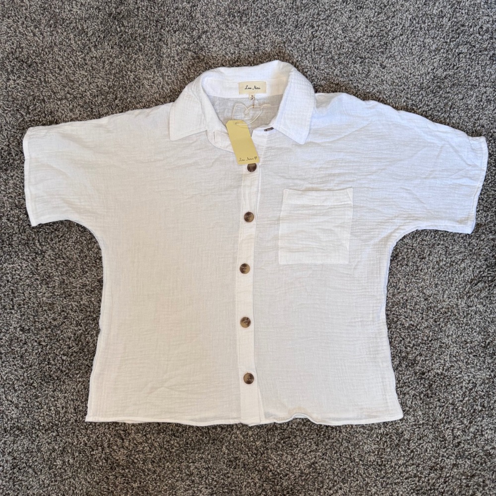 NWT Love Notes White Cotton Gauzy Collared Button Front Shirt Women's Size Small